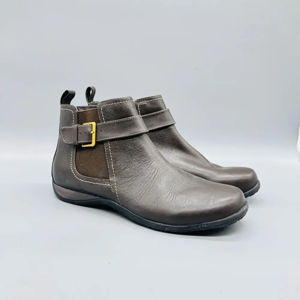 Vionic Boots Womens 10 Brown Leather Adrie Ankle Zip Buckle Flat Booties Shoes